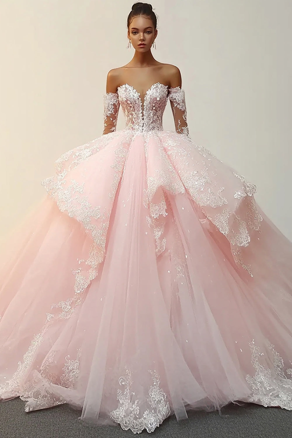 pink long sleeve quince dress Modest Blush Pink Long Sleeves Quinceanera Ball Gown Prom Dress Home Coming Dress Sweet Sixteen Dress X023 Custom Size / Other