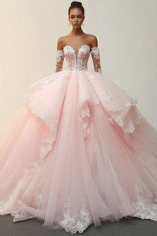Princess Pink Quinceanera Dress Ball Gown Strapless Long Sleeves Ruffles Tulle Strapless Sweet 16 Dress with Appliques