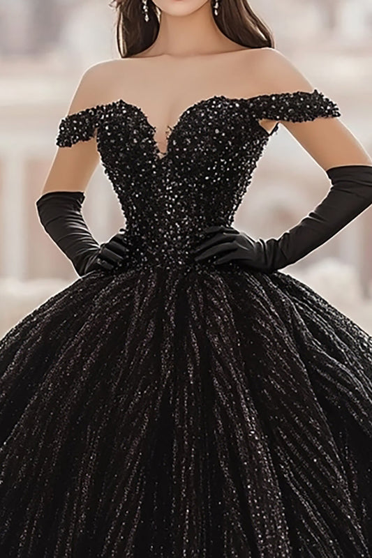 Sequin Off The Shoulder Ball Gown Black Long Quinceanera Dress