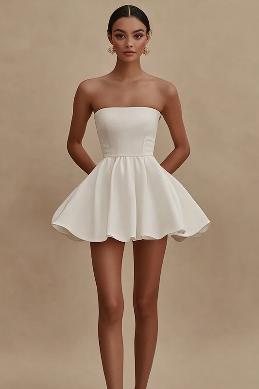 White Cotton Strapless A Line Short Graduation Dress