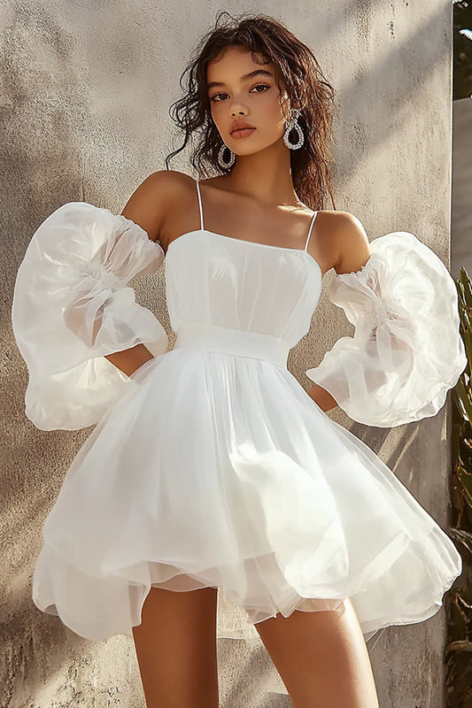 White Chiffon Spaghetti Strapless A Line Short Graduation Dress
