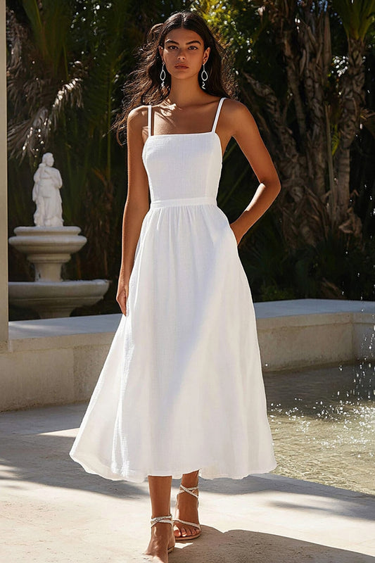 Elegant Spaghetti Straps Cotton White A Line Graduation Dress