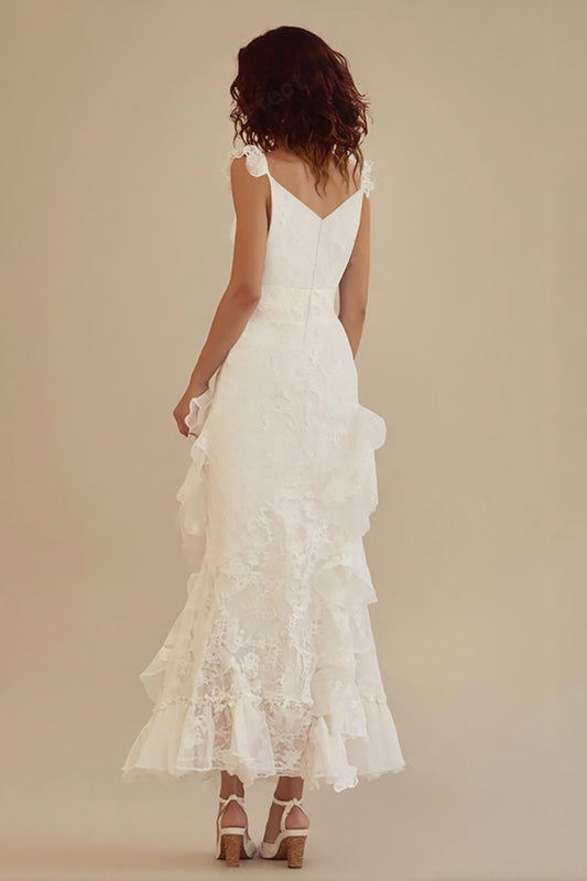 White V-Neck A-Line Lace Long Little White Dress with Ruffles