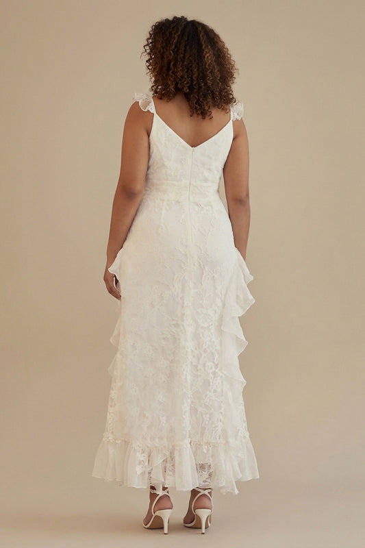 White Plus Size V-Neck Lace A-Line Long Little White Dress with Ruffles