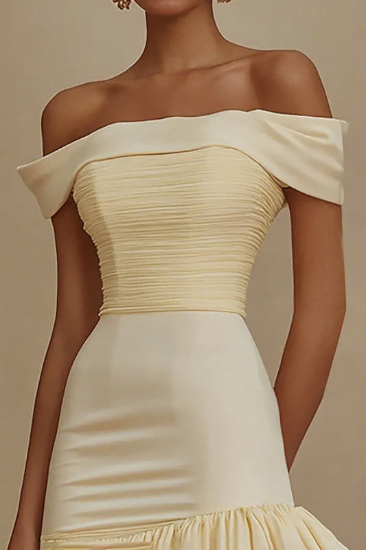 Daffodil Off the Shoulder A-Line Satin Short Little White Dress with Ruffles