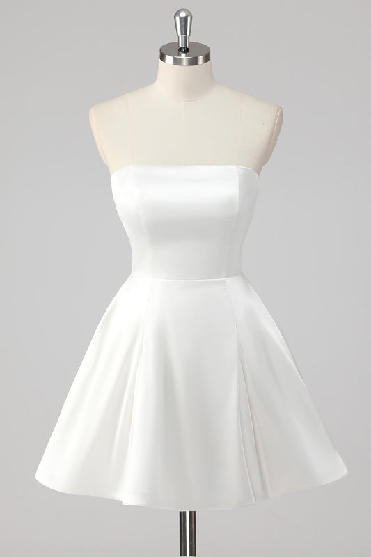 Simple White A-Line Graduation Dress Strapless Square Neck Mini Backless Ruched Satin Little White Dress