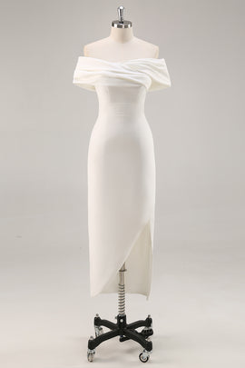 White Satin Sheath Off the Shoulder Matte Asymmetrical Graduation Dress