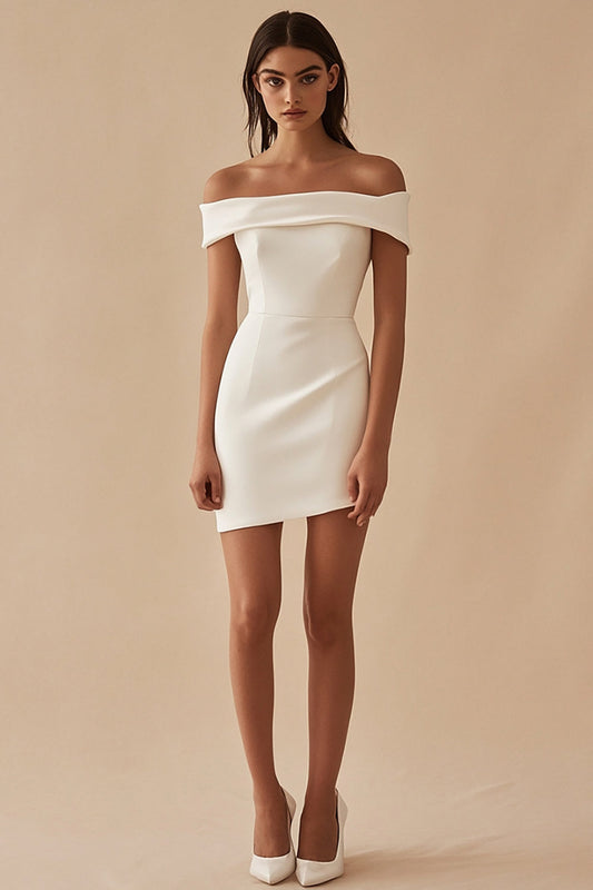Matte Satin White Short Graduation Dress Off the Shoulder Sheath Little White Dress