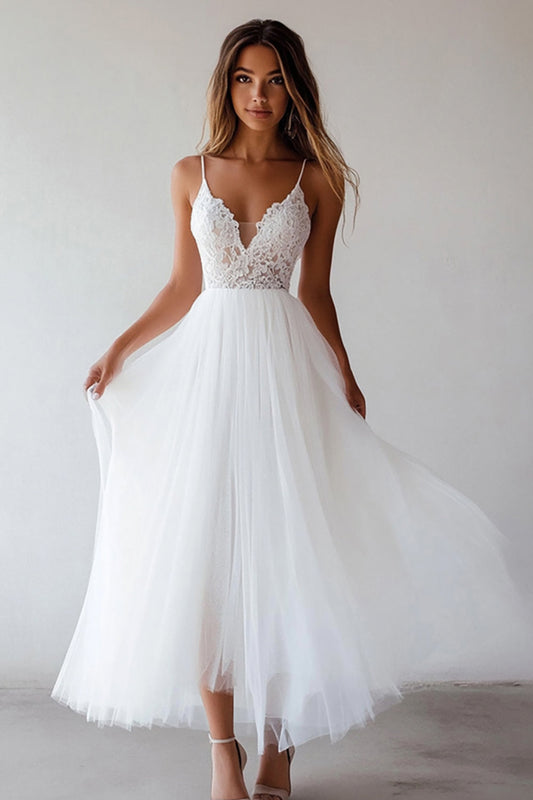 Lace White Graduation Dress Tulle A Line Spaghetti Straps Tea Length Dress