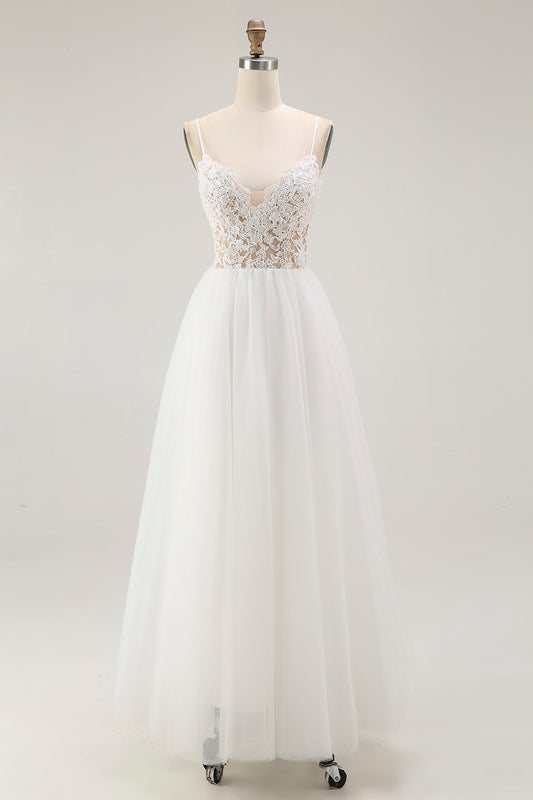 Lace White Tulle Spaghetti Straps A Line Tea Length Graduation Dress