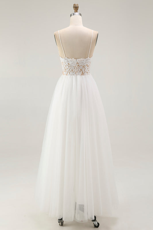 Lace White Tulle Spaghetti Straps A Line Tea Length Graduation Dress