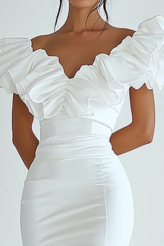 Bodycon White V-Neck Satin Graduation Dress With Short Sleeves