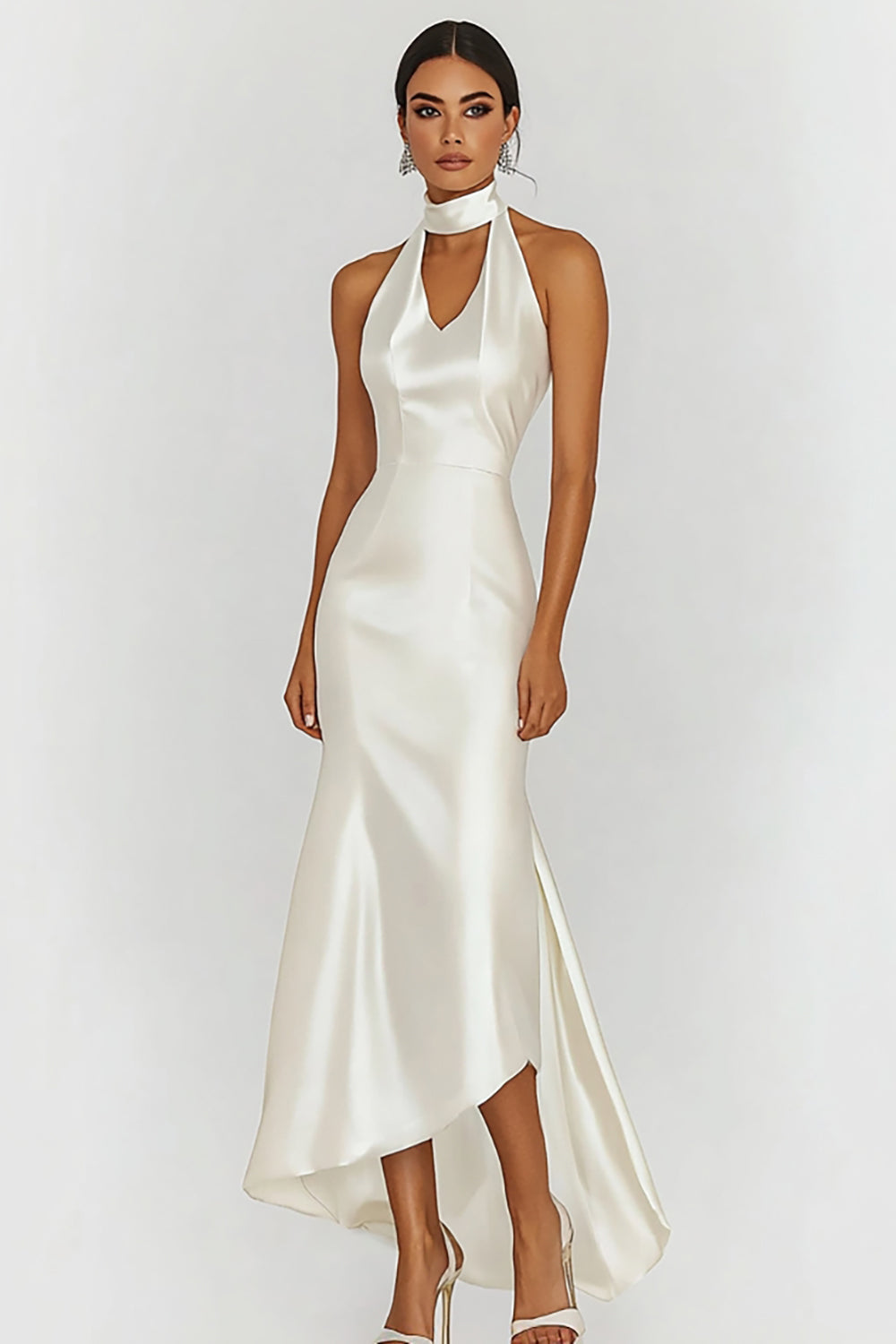 ZAPAKASA Women White Graduation Dress Satin Sheath Halter Sleeveless