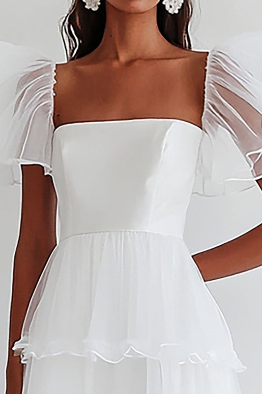 A Line White Ruffles Half Sleeves Square Neck Long Graduation Dress