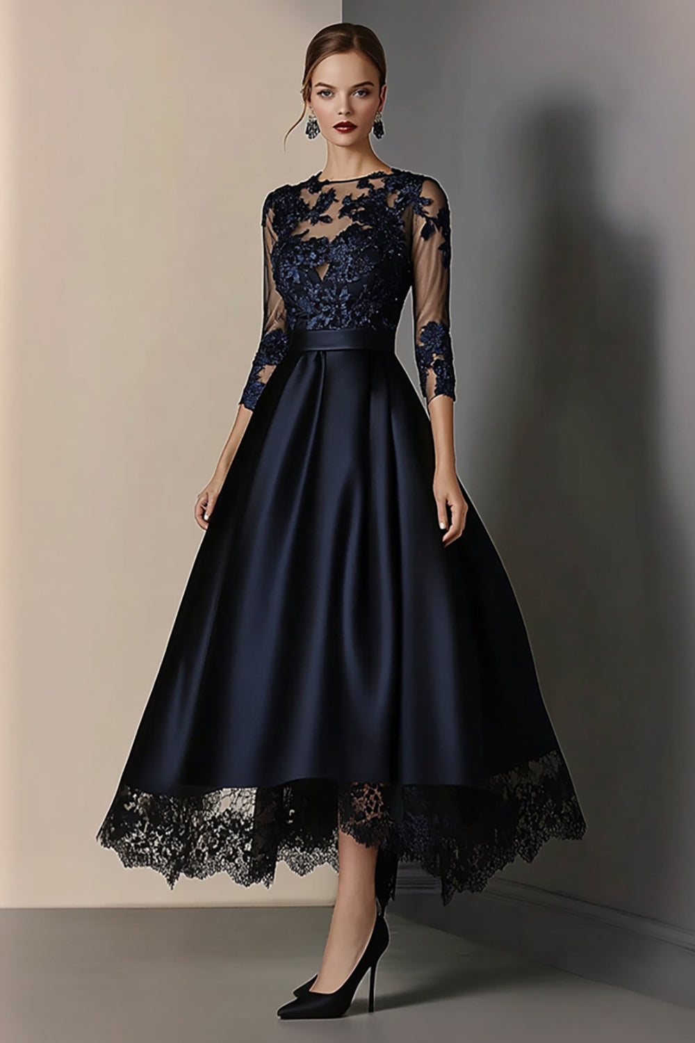 ZAPAKASA Women A Line Navy Lace Mother Of Bride Dress with 3/4 Sleeves Satin Wedding Guest Dress with Belt ZAPAKASA Women A Line Navy Lace Mother Of Bride Dress with 3/4 Sleeves Satin Wedding Guest Dress with Belt