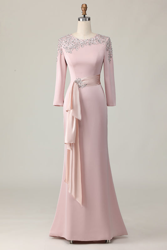 Blush Sheath Long Lace Mother Of The Bride Dress with Sleeves