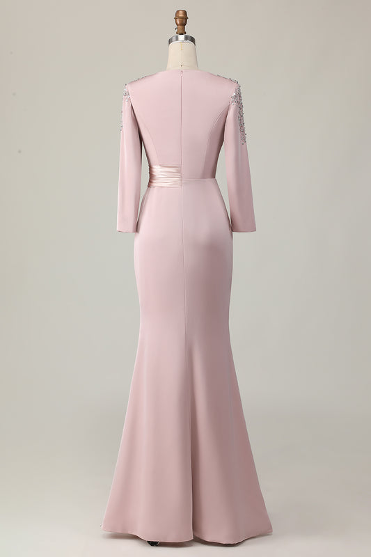 Blush Sheath Long Lace Mother Of The Bride Dress with Sleeves