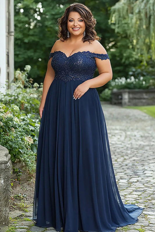 Elegant Navy Mother of the Bride Dress with Lace Appliques Off the Shoulder A-Line Chiffon Long Formal Dress