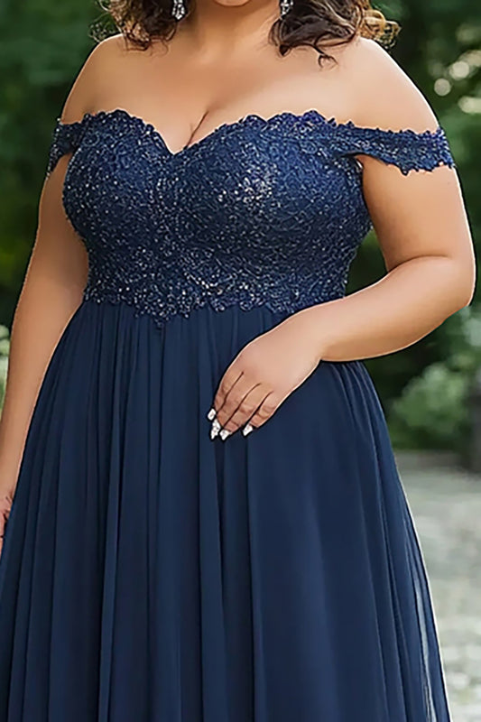 Elegant Navy Off the Shoulder A-Line Chiffon Long Mother of the Bride Dress with Lace