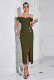 Army Green Sheath Off the Shoulder Tea Length Prom Dress with Slit Army Green Sheath Off the Shoulder Tea Length Prom Dress with Slit