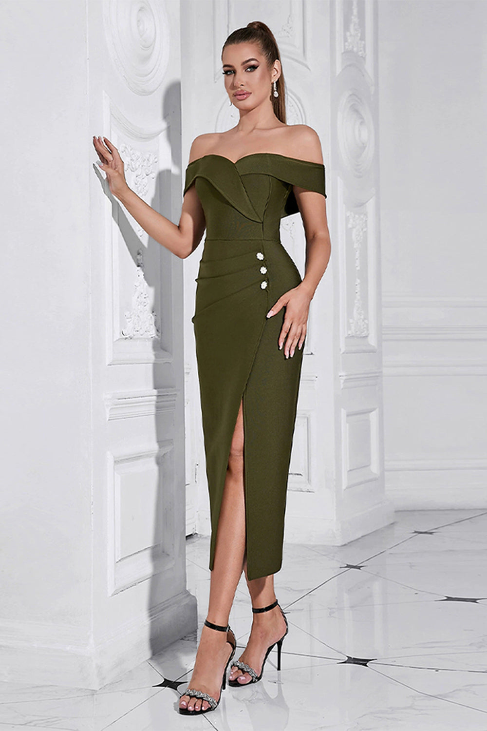 Army Green Sheath Off the Shoulder Tea Length Prom Dress with Slit Army Green Sheath Off the Shoulder Tea Length Prom Dress with Slit