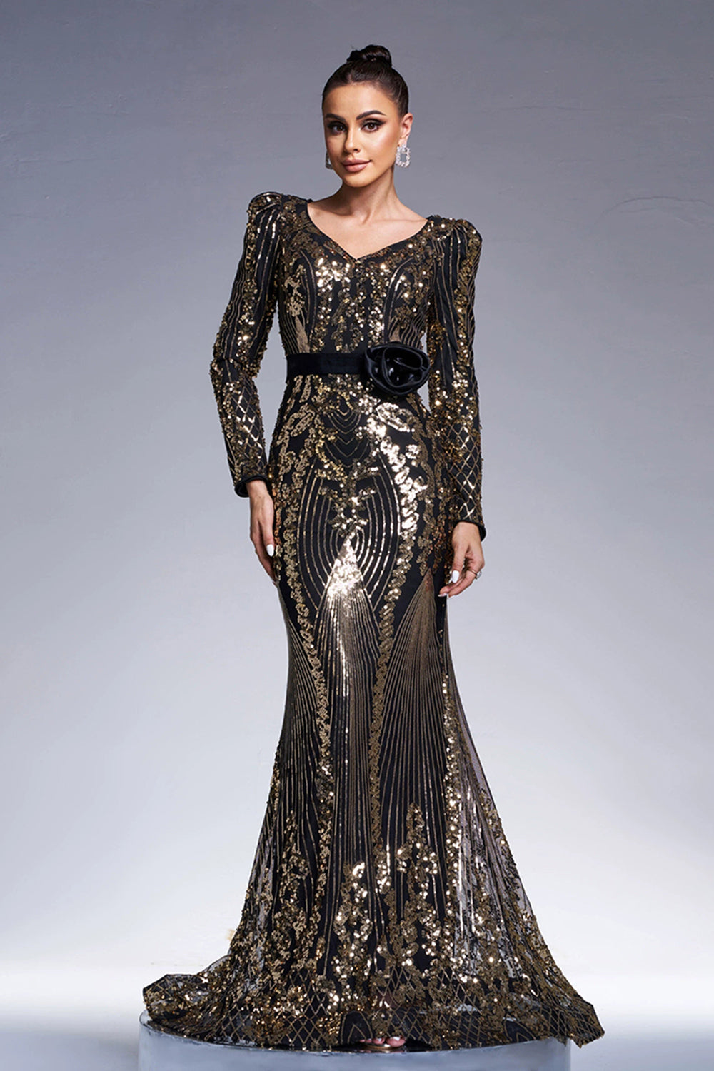 ZAPAKASA Women Sparkly Black Golden Long Formal Dress V Neck Long
