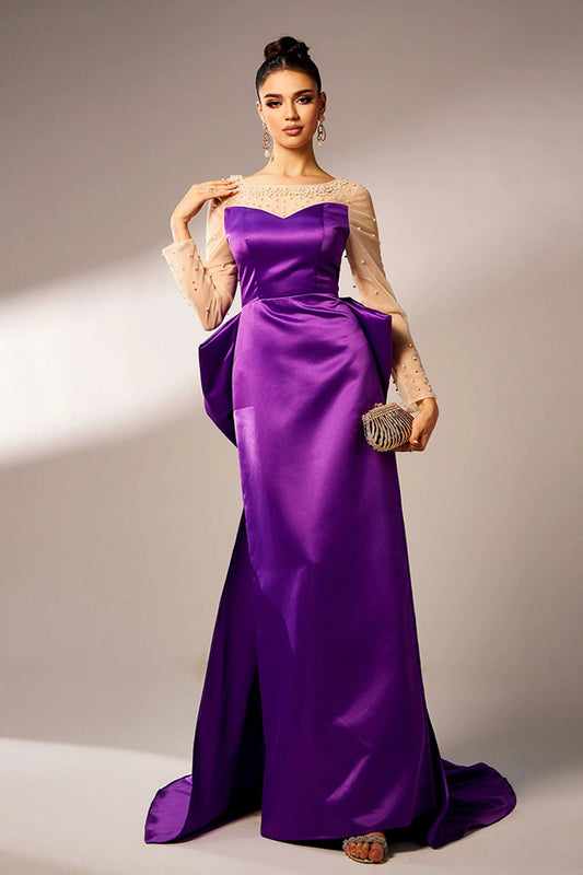 Dark Purple Mermaid Illusion Neck Long Sleeves Pearls Satin Formal Dress with Bow