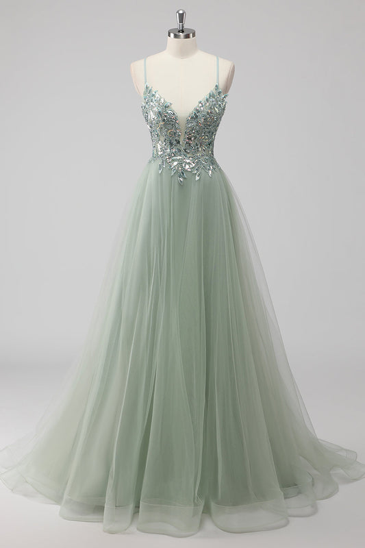 Green Sequin A Line Tulle Long Prom Dress with Lace up Back
