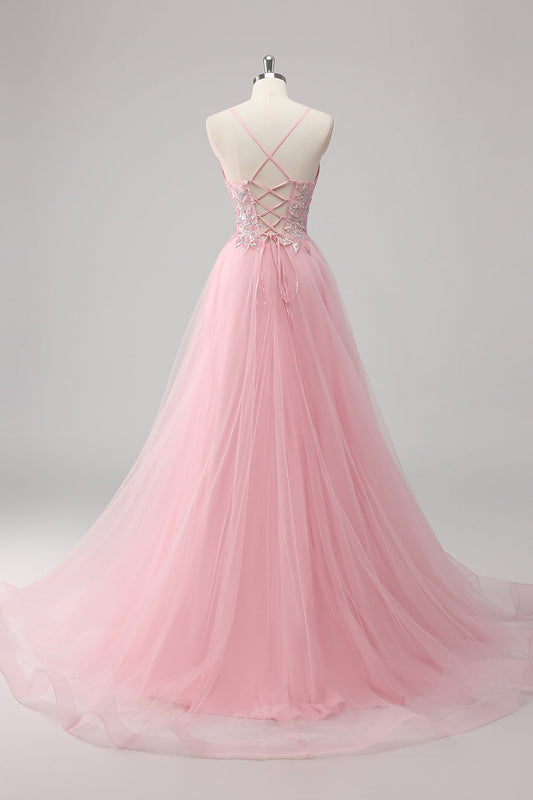 Pink A-Line Spaghetti Straps Tulle Long Prom Dress with Sequined Appliques