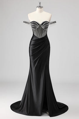 Sparkly Black Mermaid Off the Shoulder Beading Long Prom Dress with Slit