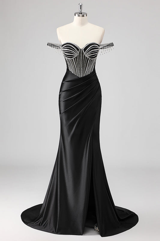 Sparkly Black Mermaid Off the Shoulder Beading Long Prom Dress with Slit