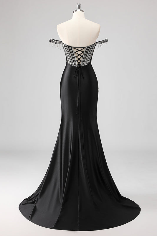 Sparkly Black Mermaid Off the Shoulder Beading Long Prom Dress with Slit