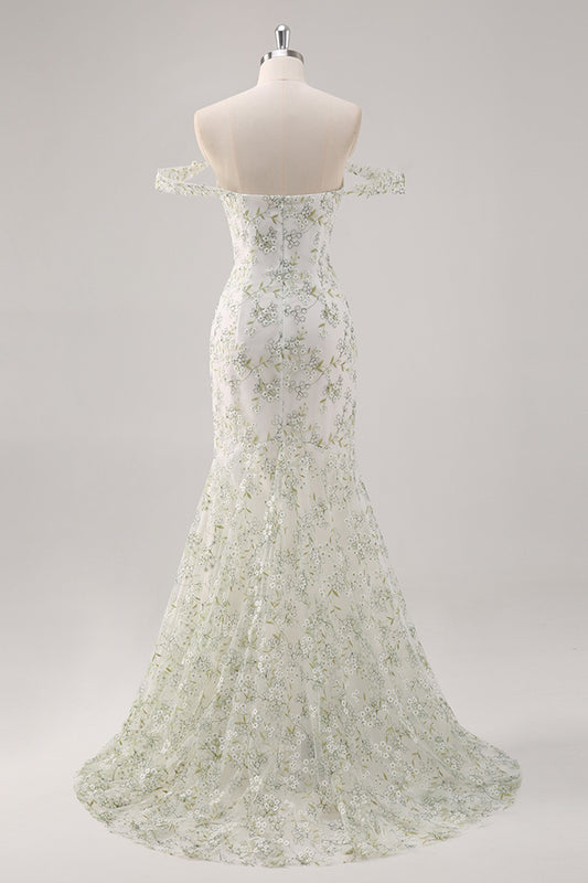 White Green Flower Off The Shoulder Floral Prom Dress