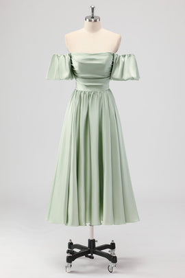 Sage Green A-Line Off the Shoulder Satin Tea Length Bridesmaid Dress