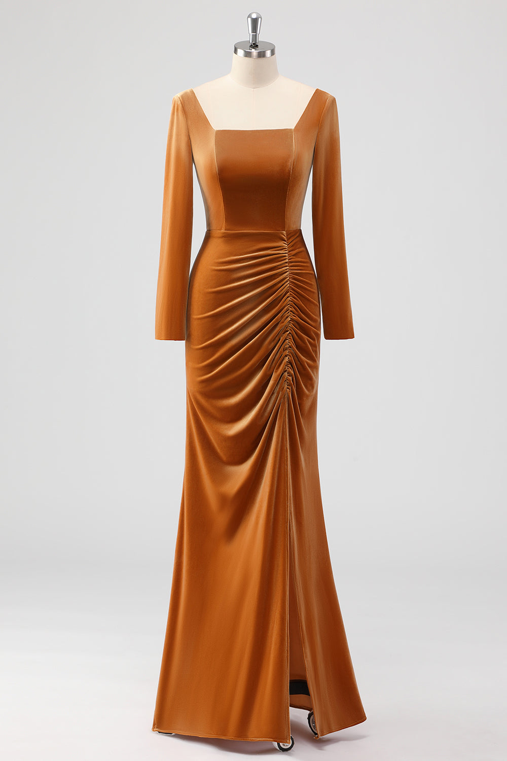 Zapakasa Women Brown Sheath Bridesmaid Dress Square Neck Velvet Long Sleeves Long Wedding Guest Dress Zapakasa Women Brown Sheath Bridesmaid Dress Square Neck Velvet Long Sleeves Long Wedding Guest Dress