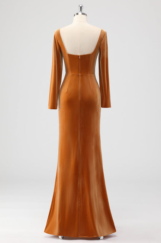 Brown Sheath Square Neck Velvet Long Sleeves Long Bridesmaid Dress