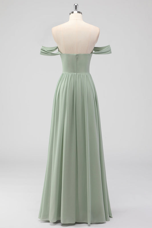 Sage Green A-Line Off the Shoulder Chiffon Long Bridesmaid Dress