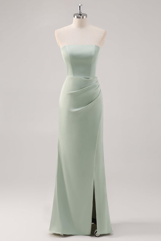 Simple Mermaid Satin Strapless Sage Green Bridesmaid Dress with Slit