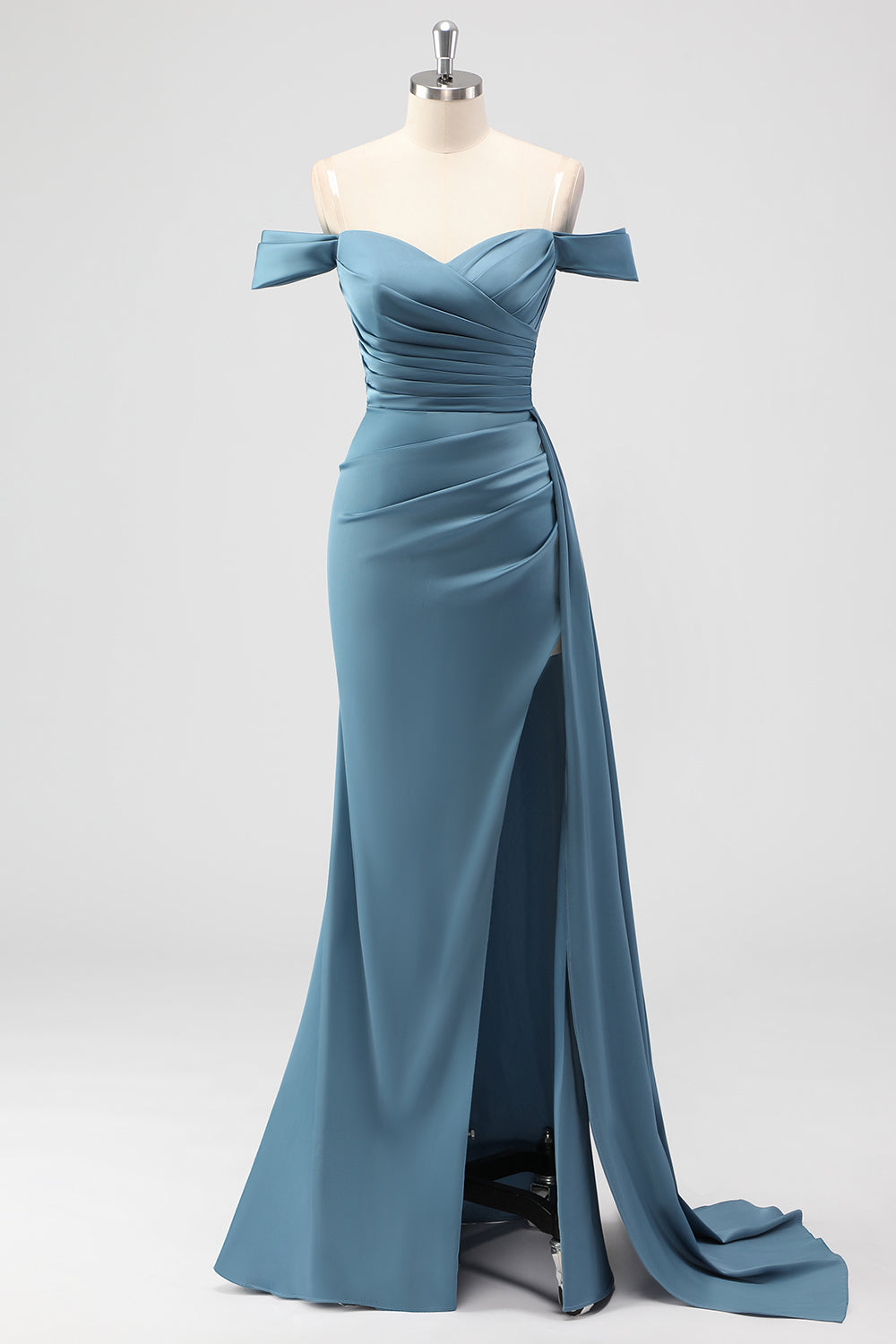 Zapakasa Women Dusty Blue Mermaid Bridesmaid Dress Off the Shoulder Satin Long Wedding Guest Dress with Slit