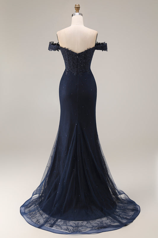 Off The Shoulder Mermaid Navy Appliqued Beaded Long Prom Dress