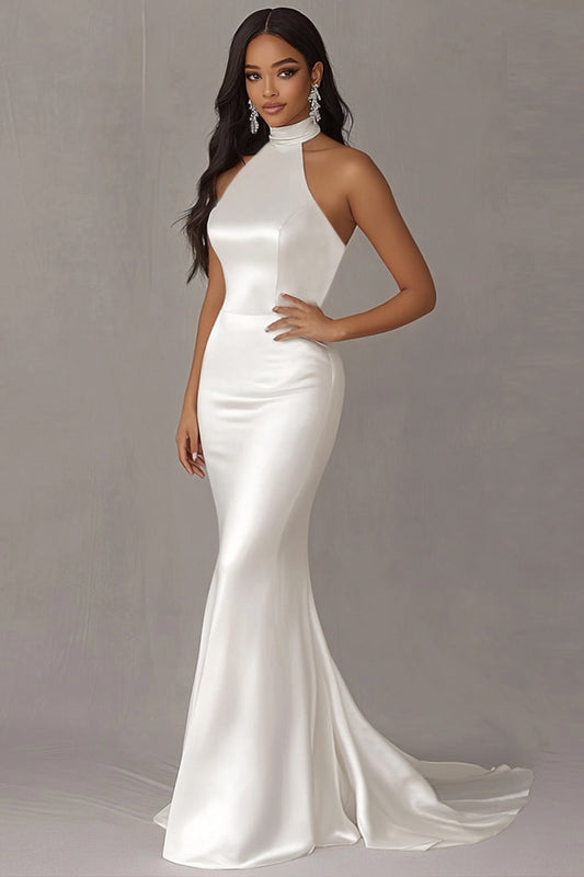 Elegant Satin Halter Ivory Mermaid Wedding Dress