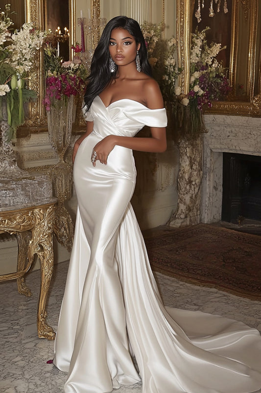 Ivory Mermaid Satin Detachable Sweep Strain Wedding Dress