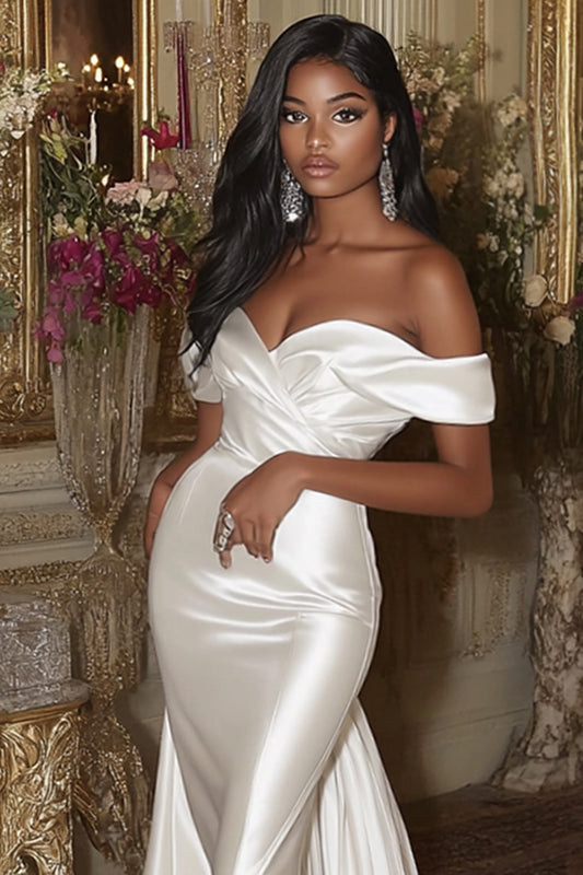 Ivory Mermaid Satin Detachable Sweep Strain Wedding Dress