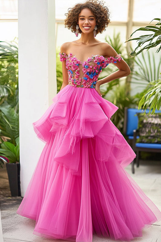 Off the Shoulder Floral Fuchsia Tiered Long Formal Dress