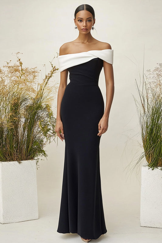 White Black Sheath Off the Shoulder Long Formal Dress