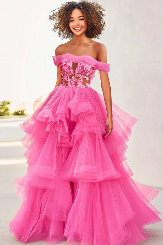 Ruffled Fuchsia Ball Gown Long Formal Dress with Flowers