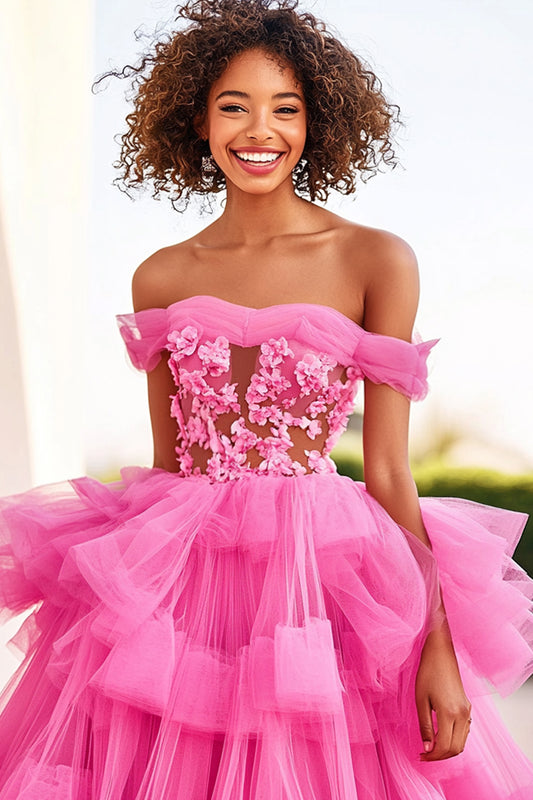 Ruffled Fuchsia Ball Gown Long Formal Dress with Flowers