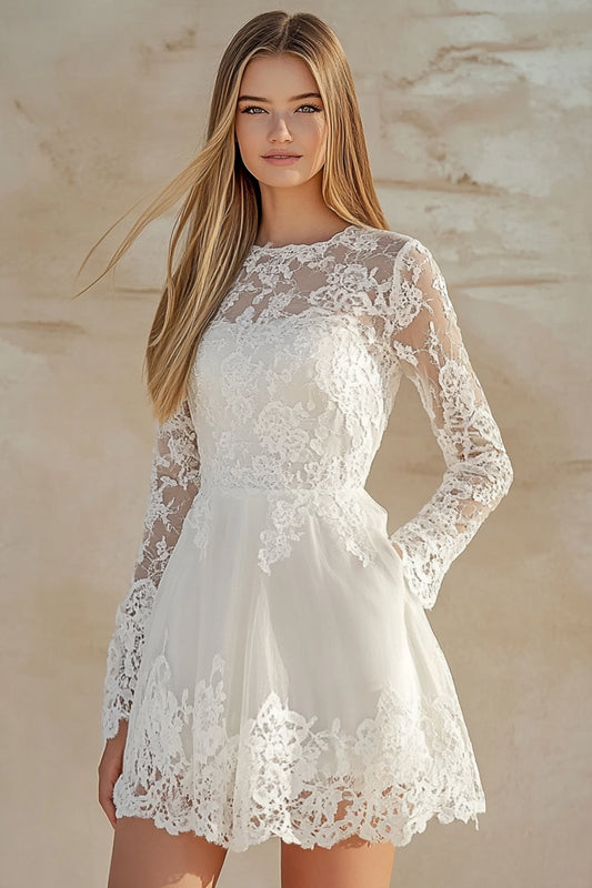 A Line Lace White Graduation Dress with Long Sleeves