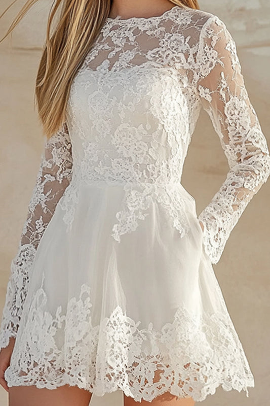 A Line Lace White Graduation Dress with Long Sleeves