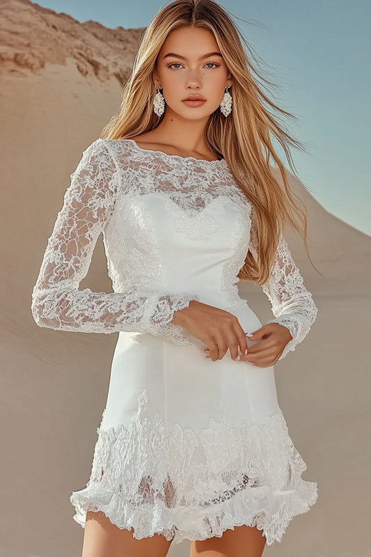A Line Lace White Boat Neck Graduation Dress with Long Sleeves